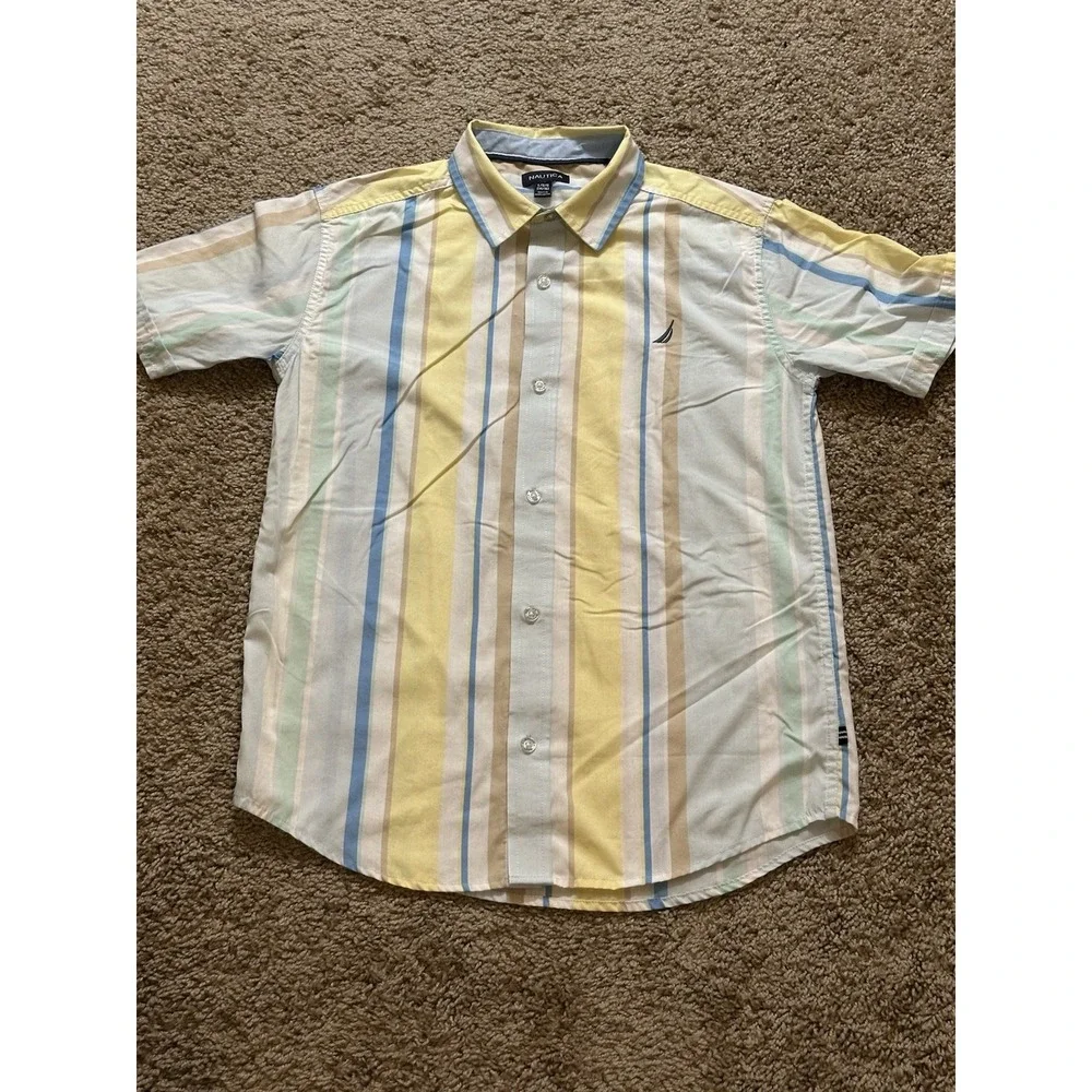 Youth Boys Nautica Short Sleeve Striped Button Up Shirt - Large 14/16